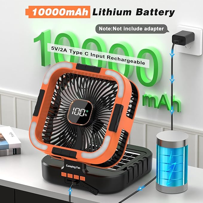 Solar Camping Fan Rechargeable 10000mAh Battery Operated Tent Fan with LED Lantern,120°Head Rotation, LED Screen,Timer, 6 Speed Solar Powered for Outdoor Travel Beach Home