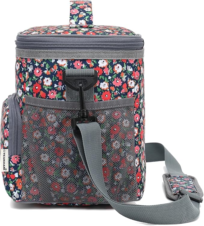 Insulated Reusable Lunch Bag Adult Large Lunch Box for Women and Men with Adjustable Shoulder Strap,Front Zipper Pocket and Dual Large Mesh Side Pockets,Floral