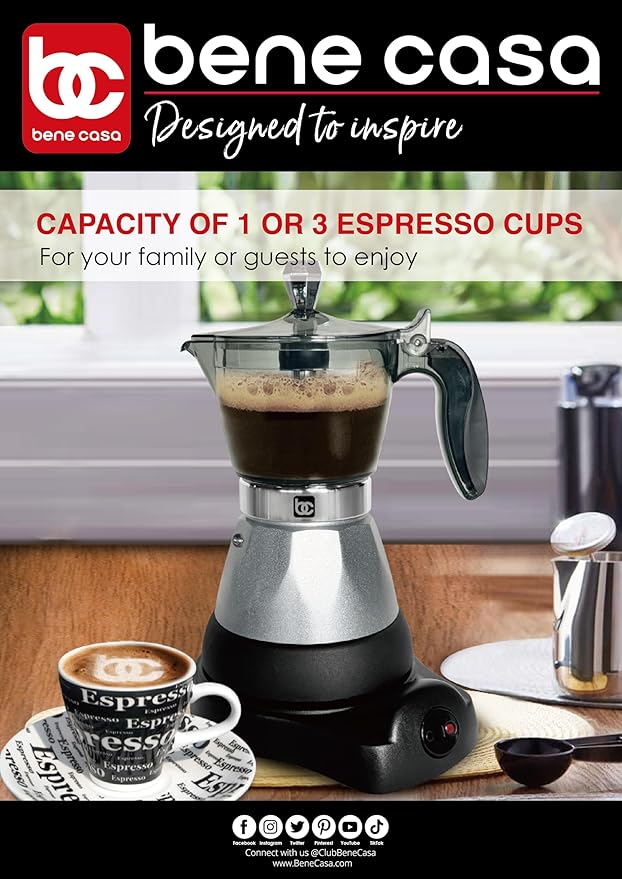 Bene Casa Silver Portable Electric Espresso Maker/Cafetera, 1-3 Cups/Shots (1, SILVER)