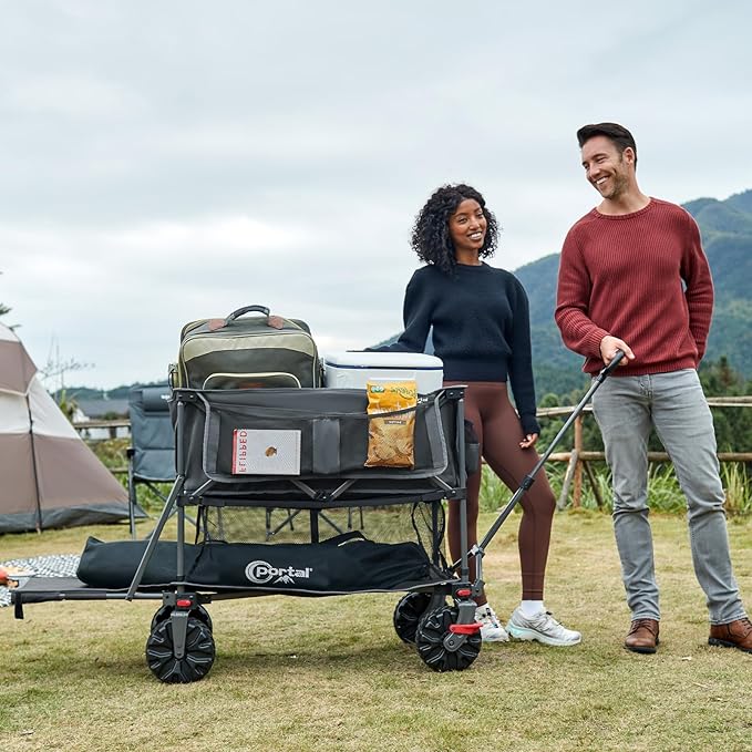 PORTAL 400L Large Capacity Collapsible Double Decker Wagon with Brakes, 450LB Heavy Duty Folding Cart with Tailgate, Foldable Utility Wagons for Camping, Beach, Garden, Sports, Shopping