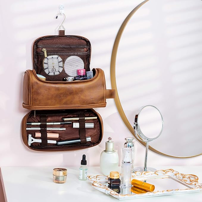 Elviros Toiletry Bag for Mens PU Leather Travel Organizer Kit with Hanging hook, Large Water-resistant Toiletries Bathroom Shaving Bags (Extra Large, Brown)