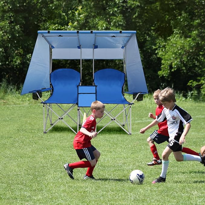 ptlsy Double Camping Chair with Canopy, Folding Two-Person Seat, Portable Outdoor Loveseat with Shade, Folding Chairs for Beach, Lawn, and Outdoor Activities (Blue)