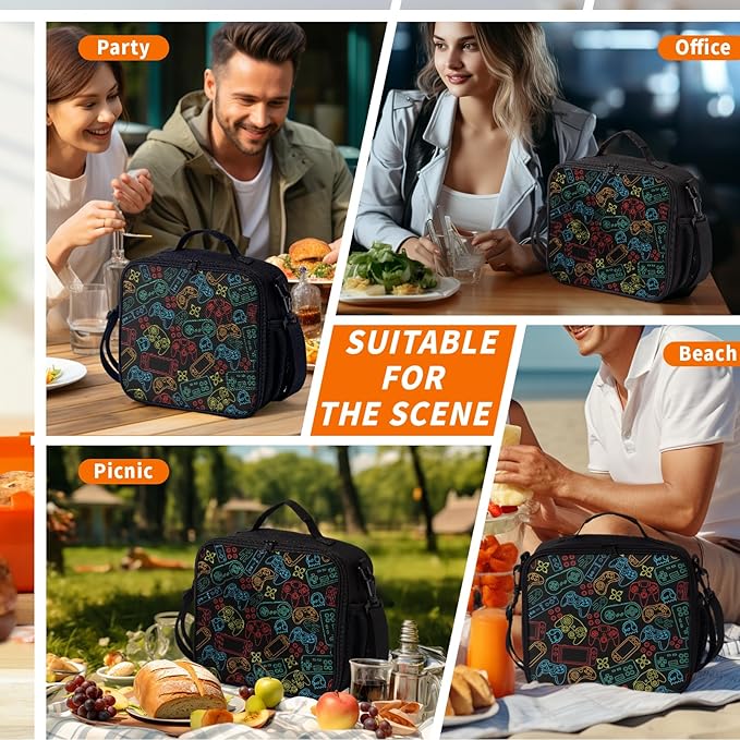 Gaming Black Lunch Bag Colorful Game Themed Lunch Boxes for Women/Man Office Work Travel School Work Picnic Durable Reusable Insulated Large Lunch Tote Bag with Adjustable Shoulder Strap