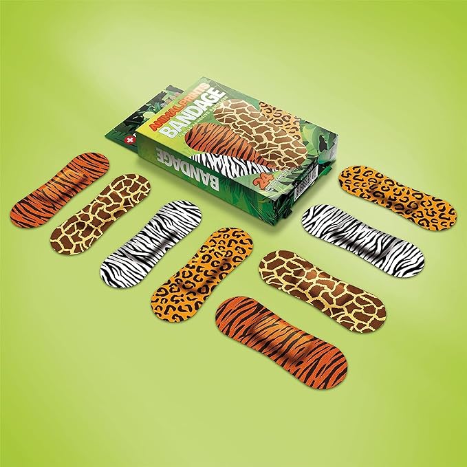 BioSwiss Bandages, Animal Prints Self Adhesive Bandage, Leopard, Zebra, Giraffe, and Tiger Print Designs, Latex Free Sterile Wound Care, Standard Shape for Kids and Adults, 24 Count