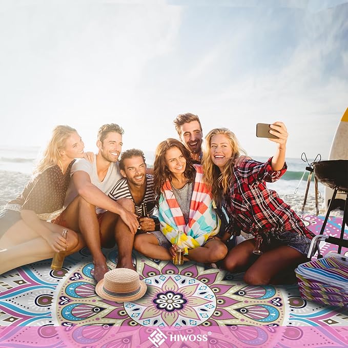 Beach Blanket Waterproof Sandproof Oversized 95”x 80”,Sand Free Beach Mat with Corner Pockets,Portable Mesh Bag for Beach Festival,Picnic,Travel and Outdoor Camping (Rosepink Blue)