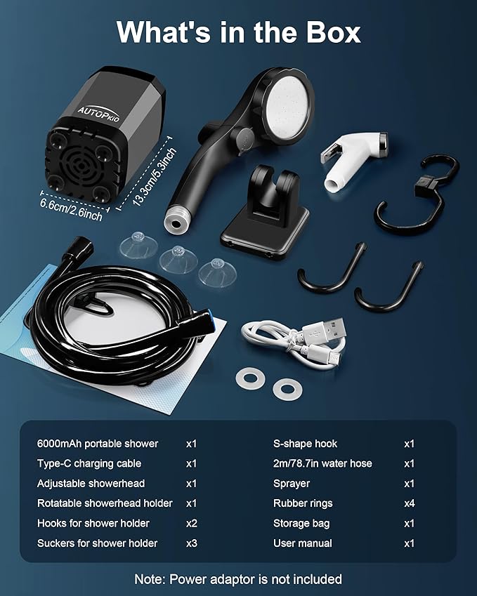 AUTOPkio Portable Camping Shower, 6000mAh Rechargeable Camp Shower Pump with USB Cable & Electric Outdoor Shower Head Sprayer for Camping, Hiking, Pet Bathing, Washing