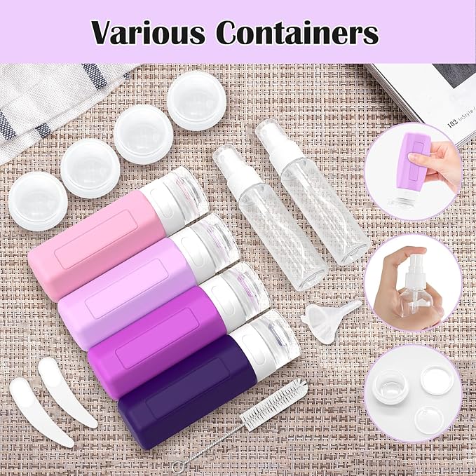 Redfly 17PCS Travel Bottles for Toiletries, TSA Approved Travel Size Containers, Leak Proof Travel Containers for Toiletries, Silicone Travel Kit for Shampoo, Conditioner, Lotion & Creams Purple