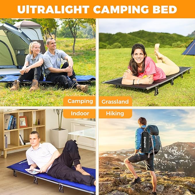 KingCamp Folding Camping Cots, Foldable 265lbs Heavy Duty Portable Ultralight Lightweight Sleeping Bed with Mattress Pad Pillow for Adults Outdoor Backpacking Travel Hiking, Black