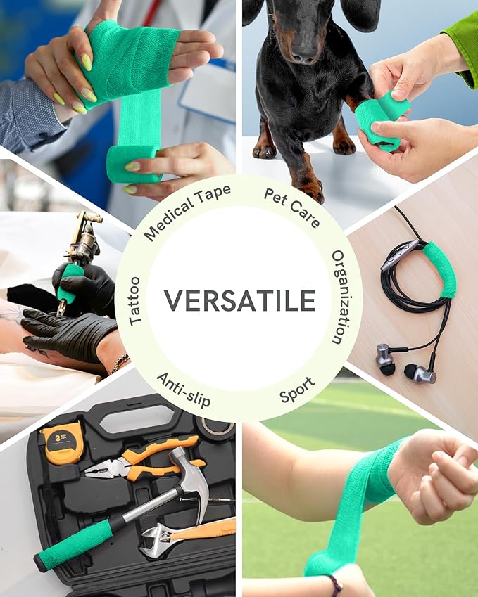 FriCARE Self Adhesive Bandage Wrap, Medical Tape in First Aid Kit, Cohesive Bandages for Wounds Sport Vet, FSA/HSA Eligible, 2 Inches X 5 Yards 6 Rolls, Teal