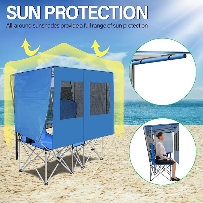 ptlsy Double Camping Chair with Canopy, Folding Two-Person Seat, Portable Outdoor Loveseat with Shade, Folding Chairs for Beach, Lawn, and Outdoor Activities (Blue)