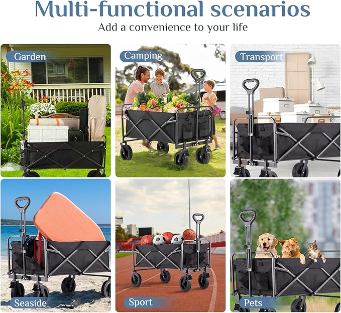 DUMOS Foldable Wagons Carts with All-Terrain Wheels, 170L & 400LBS Portable Wagon Large Capacity Utility Cart with Drink Holders, Heavy Duty Collapsible for Sand, Beach, Gardening (35IN Black)