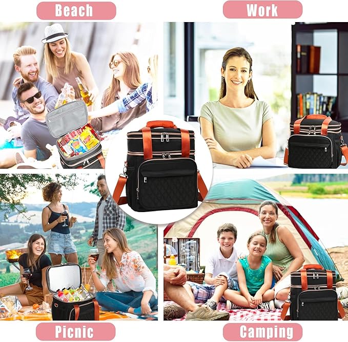 GLENKEY Expandable Lightweight Insulated Lunch Box for Women, Double Deck Large Lunch Bag Leakproof Soft Cooler Bags with Shoulder Strap for Adults Work Office Flight Beach Travel, Black, 16L