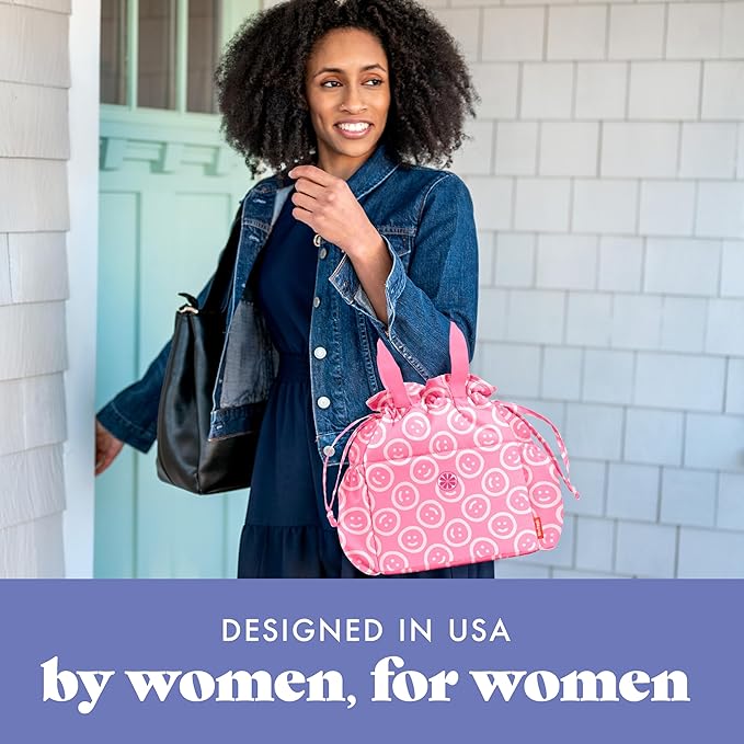 Fit & Fresh Lunch Bag For Women, Insulated Womens Lunch Bag For Work, Stain-Resistant Large Lunch Box For Women With Containers, Cinch Closure Cromwell Bag, All Smiles Fuchsia