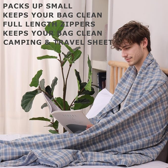 100% Cotton Sleeping Bag Liner with Full Length Zipper on 3 Sides; Single/Double Adult Sleep Sack for Travel & Camping, Multifunctional Travel Sheets (Unzipped 87”x87”) for Hotel, Lightweight