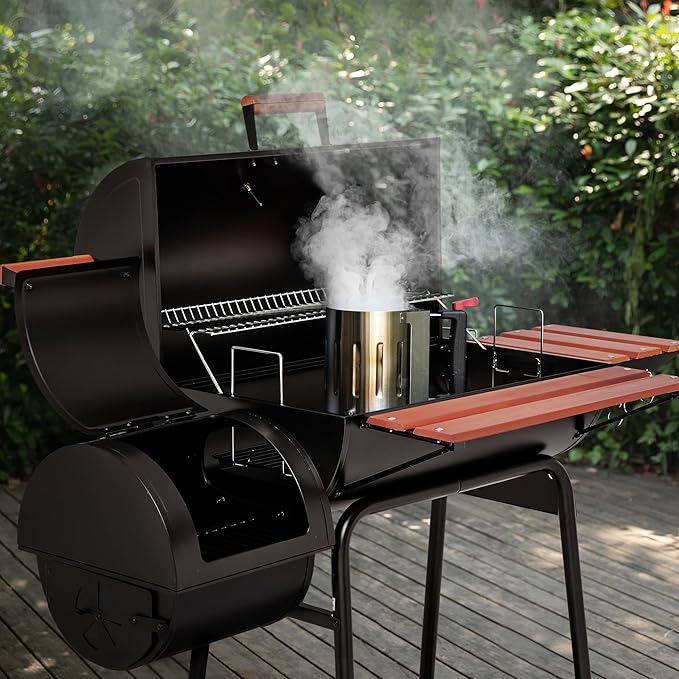 Royal Gourmet CC1830W 30-Inch Charcoal Grill with Offset Smoker and Wood-Painted Side Table, Outdoor Smoker Grill with 811 Sq. In. Cooking Area for Outdoor Barbecue Event, Black