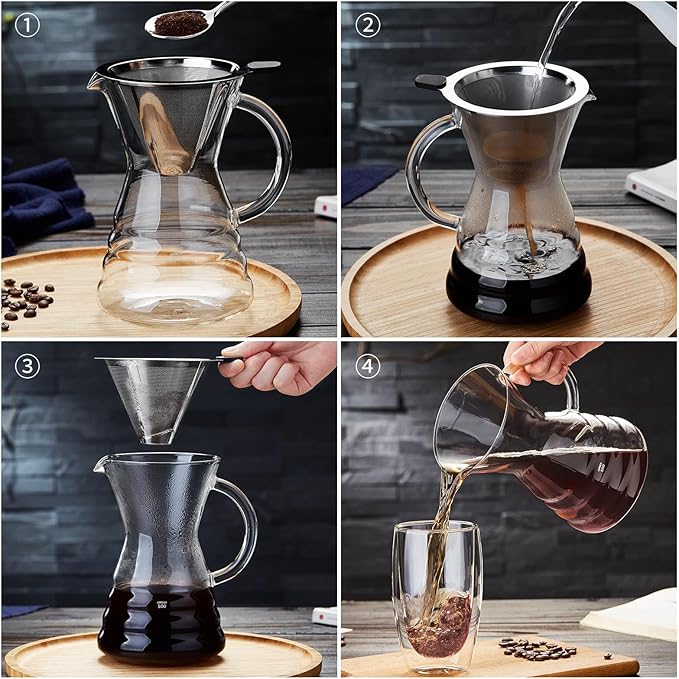 Unbreakable - Pour Over Coffee Maker with Permanent Stainless Filter 27 fl oz, Thickened Heat-Resistant Borosilicate Glass Dripper Coffee Brewer, Stovetop Safe, Yellow