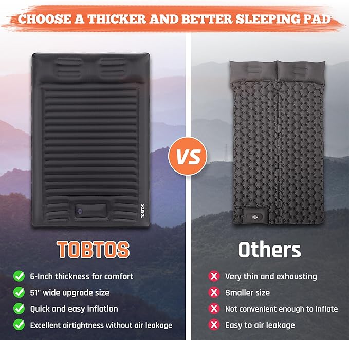 TOBTOS Double Sleeping Pad for Camping, Extra Thick 6" Camping Mattress 2 Person with Pillow Built-in Foot Pump, Inflatable Sleeping Mat for Backpacking, Hiking, Traveling (Dark Grey)
