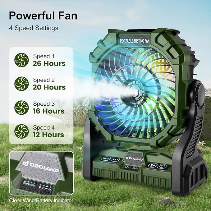 Odoland Portable Misting Fan with LED Light, 20000mAh Battery Operated Rechargeable Camping Mister Fan with 250mL Water Tank and Hook, Outdoor Tent Cooling Mist Fans for Patios Beach, Green