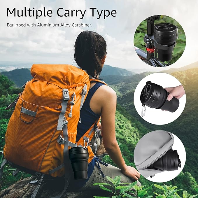 Collapsible Coffee Cup, 16 OZ 480ml Large Silicone Folding Camping Mug, Leak Proof BPA Free Portable, Travel Bottle with Lids for hiking, Microwave & Dishwasher Safe (Black)