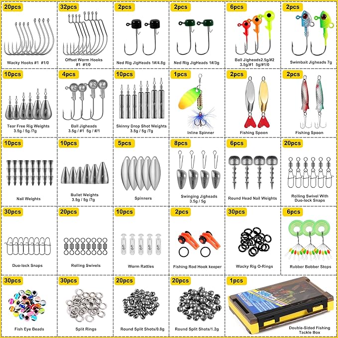 TOPFORT 187/343pcs Fishing Accessories Kit, Organized Fishing Tackle Box with Tackle Included, Fishing Hooks, Fishing Weights Sinkers, Fishing Gear and Equipment, Fishing Gift for Men