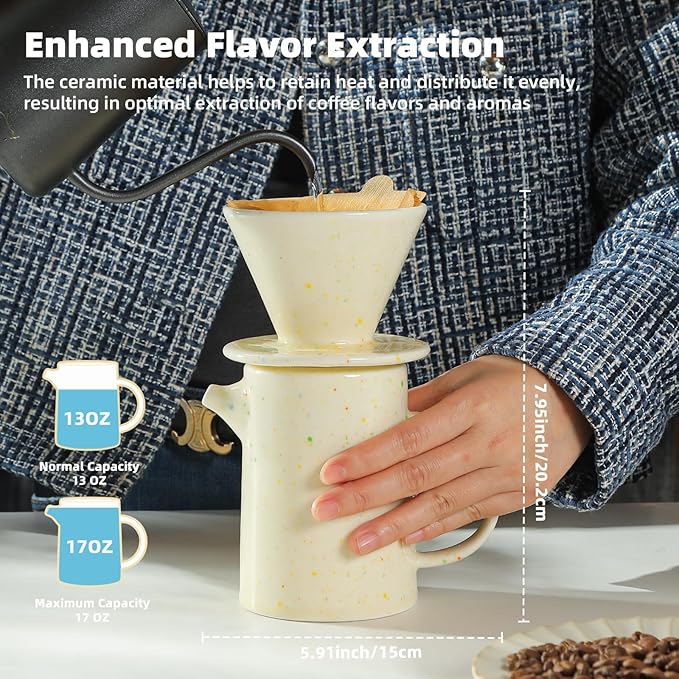 Pour Over Coffee Maker Set,Ceramic Pour Over V60 Coffee Dripper Set with 20 Count Paper Coffee Filters,for Home Café Restaurant Camping,15.8 Ounces(Multi-Color Dot)