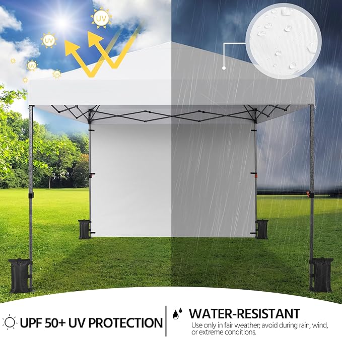 Yaheetech 10x10 Pop up Canopy Tent w/1 Sidewall, Instant Commercial 150D Silver Coated Fabric Outdoor Instant Tent w/Wheeled Bag, 4 Sandbags, 8 Stakes & 4 Ropes for Parties, Camping, Beach, White