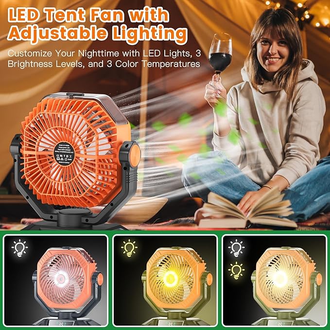 Camping Misting Fan Rechargeable - 20000mAh Portable Mist Fan For Tents With LED Lantern Light, Auto Oscillating With Remote For Outdoor, Battery Operated With Timer 5 Speeds(Orange)