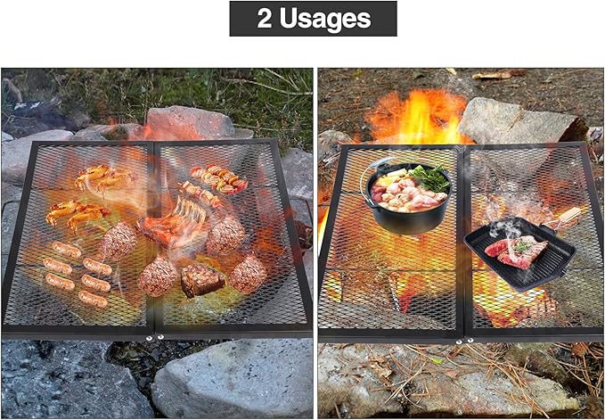 Lineslife Square Fire Pit Cooking Grill Grates, Folding Outdoor Campfire BBQ Grill Rack with Handles, Portable Outside Camping Gear Cookware and Accessory, 36 Inch