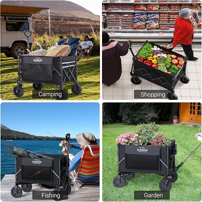 Elegear Wagon Cart Foldable Collapsible Heavy Duty, Folding Wagon with 360° All-Terrain Wheels&Smallest Folding Design, 220LBS Large Capacity Portable Utility Grocery Cart for Sports Camping Shopping