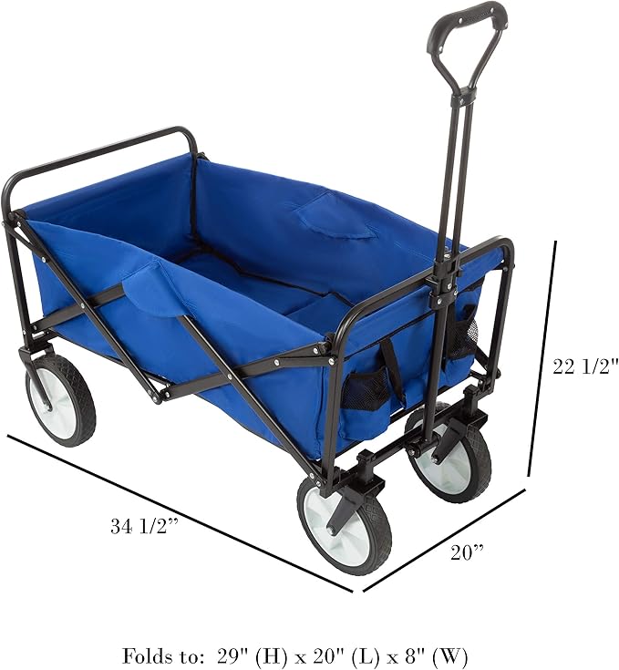 Collapsible Wagon - Grocery Cart on Wheels - Portable Beach Wagon, Folding Garden Cart or Shopping Cart - Wagons Carts Foldable by Pure Garden (Blue)