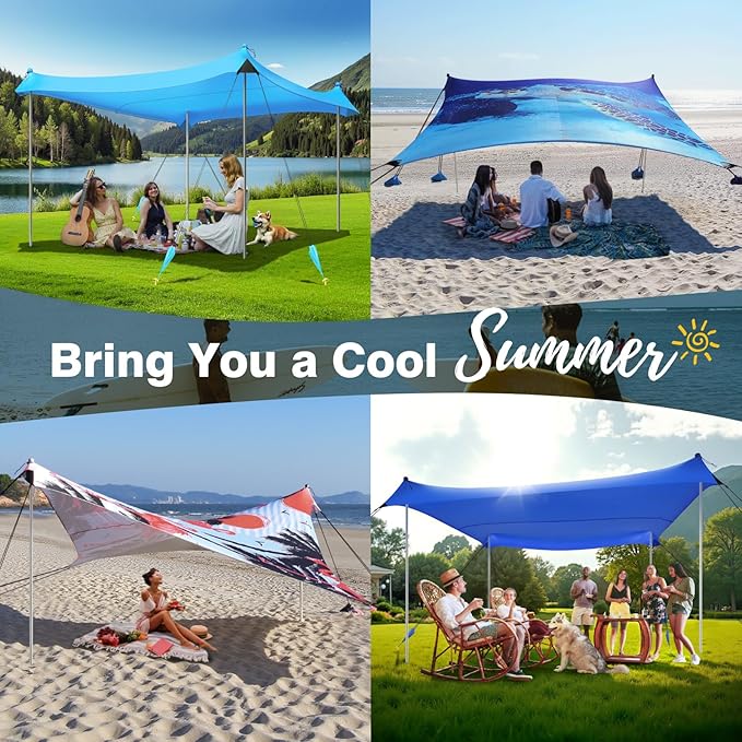 Rhino Valley Beach Tent Sun Shelter, 10x10FT Beach Canopy Tent Sun Shade UPF50+ Protection with 8 Sandbags 4 Stability Poles, Outdoor Beach Shade Canopy 6-8 People for Beach Camping Fishing
