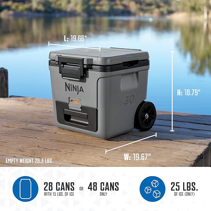 Ninja | Cooler | FrostVault 30QT Cooler with Wheels | Insulated with Temp Dry Storage Drawer | Keeps Ice Cold for Days | for The Beach, Camping, Picnics & More | Charcoal Gray | FB230CG
