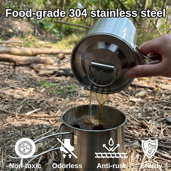 BeGrit Camping Cups Mugs Stainless Steel Camping Pot Food Grade Metal Camping Cookware with Folding Spoon, Vented Lids