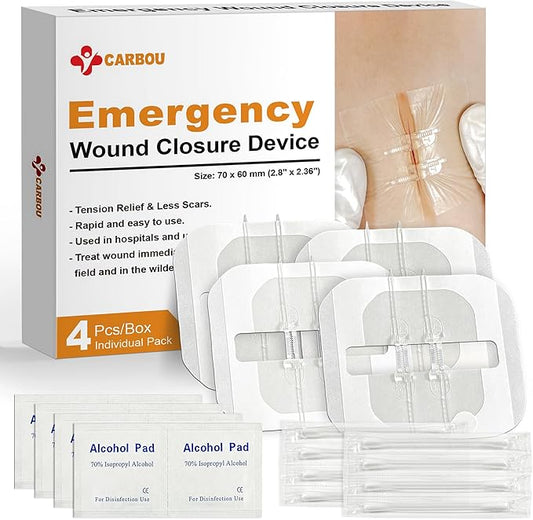 Carbou Emergency Wound Closure Strips - 4 Pcs - Zip Stitch Butterfly Bandaids - Laceration Closure Kit - Stitchless & Easy to Use