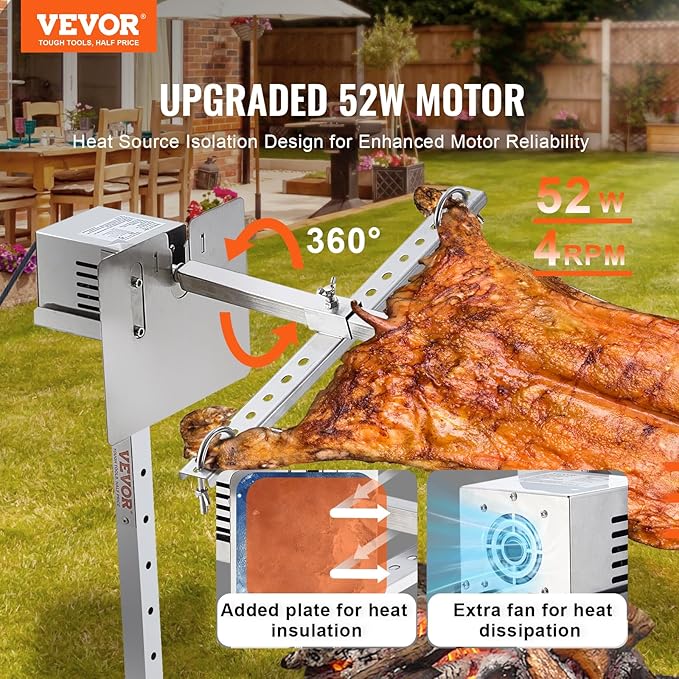 VEVOR Electric BBQ Rotisserie Grill Kit, 46 Inch 132 lbs Capacity, Automatic 52W Motor Height Adjustable Universal Roaster Stand, Stainless Steel Grilling Kit, Spit Rod with Heat Shield for Pig Lamb