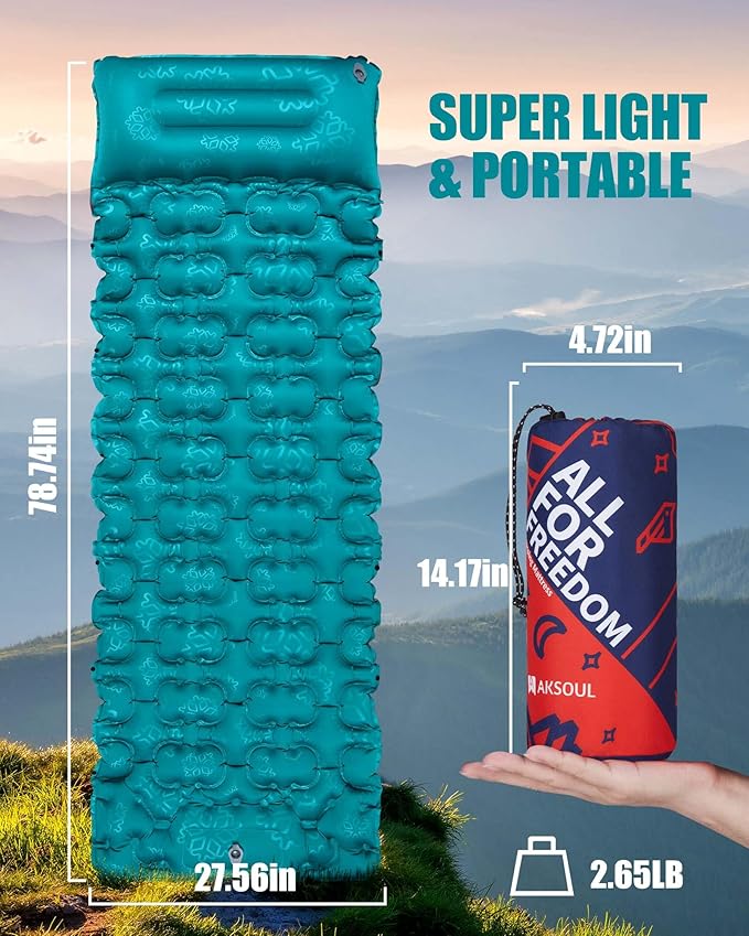 AKSOUL Self-Inflating Sleeping Pad for Camping: Inflatable Wide Compact & Ultralight Air Mattress Sleep Mat, Lightweight Inflatable Pads for Backpack Hiking Traveling Outdoor
