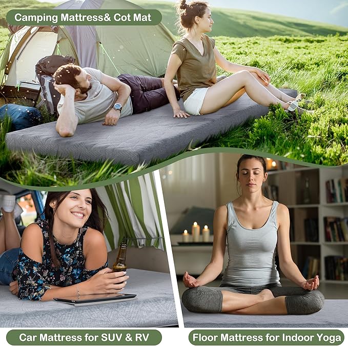 HOMBYS 3 Inch Thick Memory Foam Camping Mattress for Outdoor Sleeping, Roll Up Porable Camping Pad Mat with Knitted Cover for Travel Truck Bed Tent