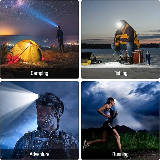 BORUIT RJ-3000 Rechargeabe LED Headlamp 5000 Lumens with Red Light, 3 Modes Super Bright USB Head Lamp IPX4 Waterproof Headlight for Adults USB Outdoor Fishing Camping