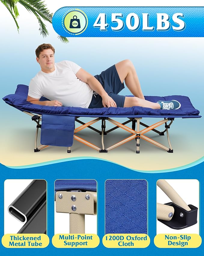 WLIVE 1200D Double Layer Oxford Camping Cots for Adults, Folding Cots for Sleeping with Mattress, Outdoor Folding Bed with Carry Bag, Portable Camping Bed for Sleeping, Resting, Camping, Dark Blue