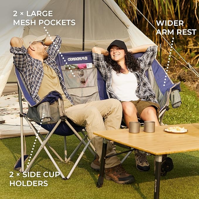 FUNDANGO Oversized Double Camping Chair, 2 Person Folding Padded Loveseat for Adults,660lbs Heavy Duty Chair with Arm Cup Holder for Outdoor Patio Lawn Camp with Carry Bag (Blue)