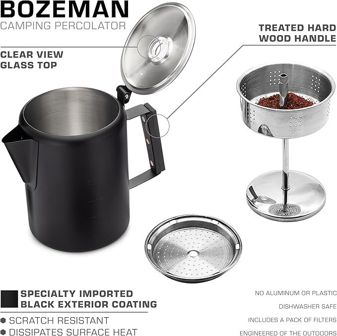COLETTI Black Bozeman Percolator Coffee Pot — Camping Coffee Pot, Coffee Percolator – America’s Sleekest Percolator – Pure Stainless Steel, NO Aluminum or Plastic (9 Cup)
