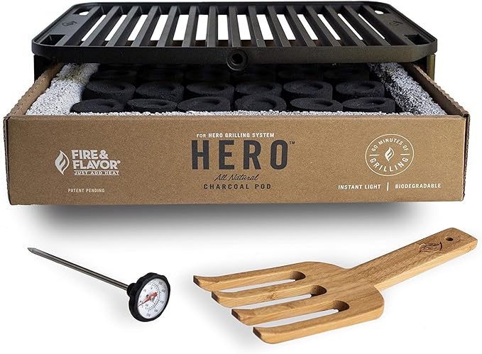 Fire & Flavor HERO Grill Kit Ultra-Portable Easy Instant Light Charcoal Grilling for Tailgating, Beach, RV, Park, Patio or Outdoor Activities with Reusable Eco-Friendly Pod