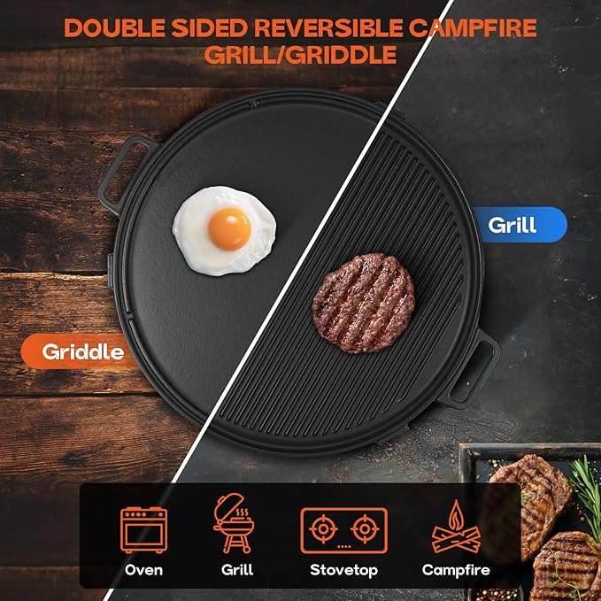 Onlyfire 18" Campfire Grill Griddle, Double Sided Reversible Portable Campfire Grill, Cast Iron Camping Griddle with Handles, 3 Removable & Height Adjustable Legs, Perfect for Grills and Outdoor BBQ