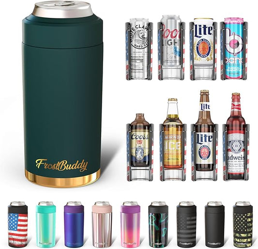 Frost Buddy Universal Buddy Can Cooler - Fits All - For Regular 12 & 16 oz or Slim-Size Bottles - Insulated Double-Walled Stainless Steel (Emerald Elegance)