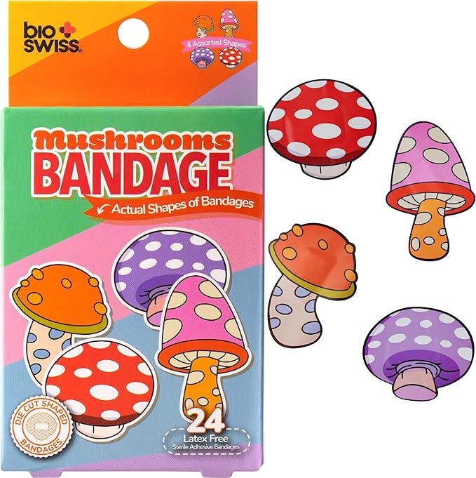 BioSwiss Bandages, Mushroom Shaped Self Adhesive Bandage, Latex Free Sterile Wound Care, Fun First Aid Kit Supplies for Kids and Adults, 24 Count