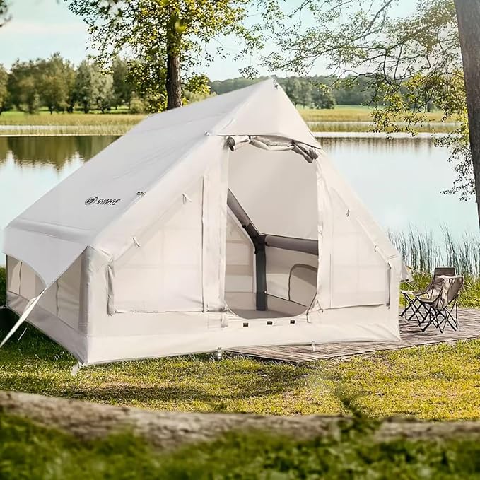 Inflatable Tent for Camping Blow Up Tents Glamping 4 Season House, Air Tents with Pump, Easy Setup Oxford Cabin House with Double-Layer Mesh Windows & Double Doors