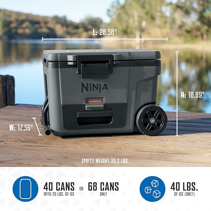 Ninja | Cooler | FrostVault 45QT Cooler with Wheels | Insulated with Temp Dry Storage Drawer | Keeps Ice Cold for Days | for The Beach, Camping, Picnics & More | Grey | FB245CG