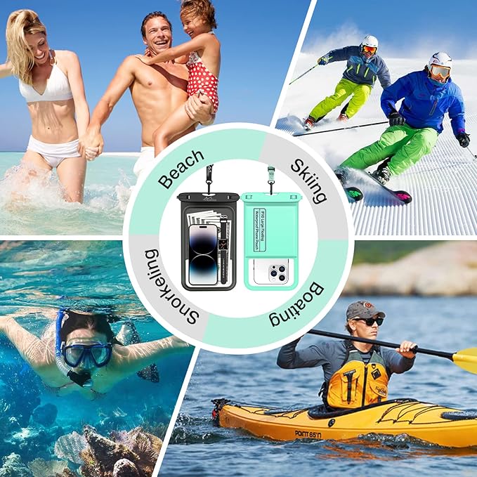 MoKo Floating Waterproof Phone Pouch - 9.5" Large Clear Phone Water Protector Pouch Dry Bag Case with Lanyard, Compatible for iPhone 14 13 12 Pro Max, Galaxy S23 S22 Ultra, 2 Pack Black+Mint Green