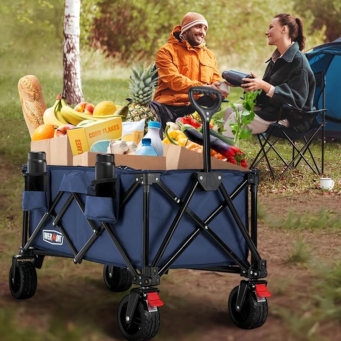 Overmont Collapsible Wagon Cart with Wheels - 220L Foldable Heavy Duty Wagon with Big All-Terrain Wheels - 330Lbs Weight Capacity with Side Pockets for Camping Sports Garden Grocery Shopping Blue