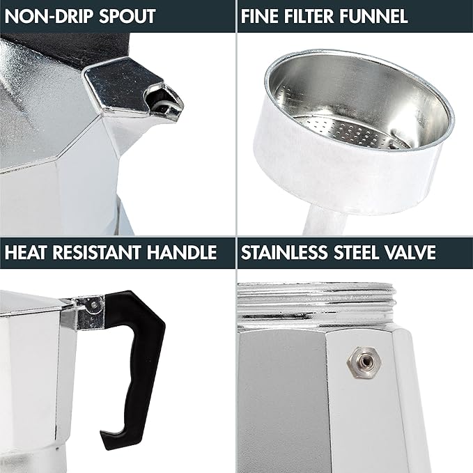 Primula Classic Stovetop Espresso and Coffee Maker, Moka Pot for Italian and Cuban Café Brewing, Greca Coffee Maker, Cafeteras, 6 Espresso Cups, Silver